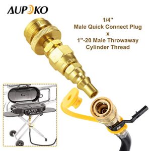 Aupoko 1lb Propane Disposal Adapter Fitting with 1/4" Quick Connect Disconnect Adapter, with 1/4’’ Male 1" x 20 Male Throwaway Cylinder Thread, for Portable BBQ Grill, Bubby Heater Hook Up RV Trailer