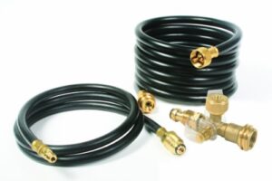 camco propane brass 4 port tee- comes with 5ft and 12ft hoses, allows for connection between auxiliary propane cylinder and propane appliances (59123) , black