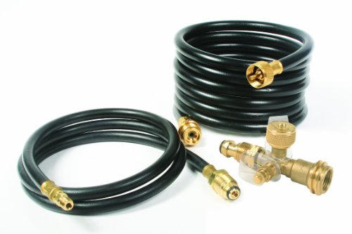 Camco Propane Brass 4 Port Tee- Comes with 5ft and 12ft Hoses, Allows for Connection Between Auxiliary Propane Cylinder and Propane Appliances (59123) , Black