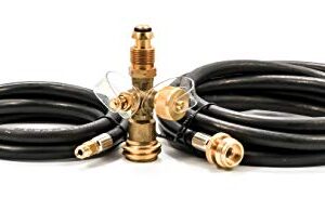 Camco Propane Brass 4 Port Tee- Comes with 5ft and 12ft Hoses, Allows for Connection Between Auxiliary Propane Cylinder and Propane Appliances (59123) , Black