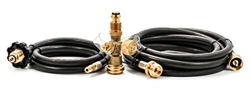 Camco Propane Brass 4 Port Tee- Comes with 5ft and 12ft Hoses, Allows for Connection Between Auxiliary Propane Cylinder and Propane Appliances (59123) , Black