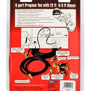 Camco Propane Brass 4 Port Tee- Comes with 5ft and 12ft Hoses, Allows for Connection Between Auxiliary Propane Cylinder and Propane Appliances (59123) , Black