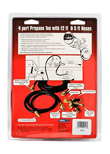 Camco Propane Brass 4 Port Tee- Comes with 5ft and 12ft Hoses, Allows for Connection Between Auxiliary Propane Cylinder and Propane Appliances (59123) , Black