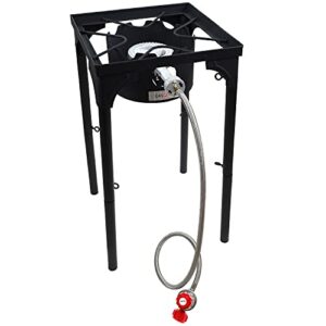 gasone propane single burner camp stove with high temp paint & red qcc steel braided regulator with height adjustable leg