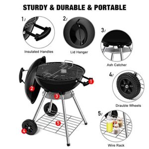 BEAU JARDIN Premium 18 Inch Charcoal Grill for Outdoor Cooking Barbecue Camping BBQ Coal Kettle Grill Tailgating Portable Heavy Duty Round with Thickened Grilling Bowl Wheels for Small Patio Backyard