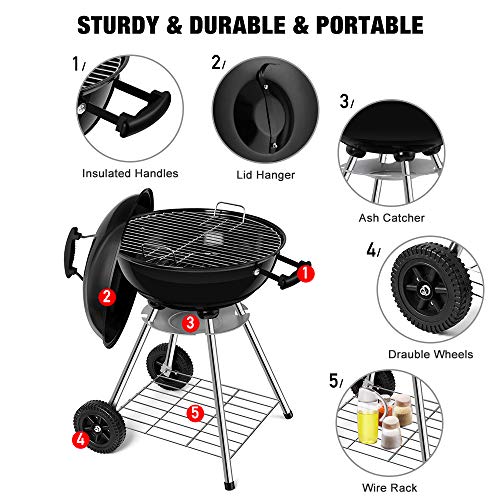 BEAU JARDIN Premium 18 Inch Charcoal Grill for Outdoor Cooking Barbecue Camping BBQ Coal Kettle Grill Tailgating Portable Heavy Duty Round with Thickened Grilling Bowl Wheels for Small Patio Backyard