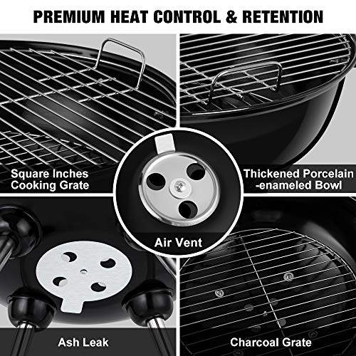 BEAU JARDIN Premium 18 Inch Charcoal Grill for Outdoor Cooking Barbecue Camping BBQ Coal Kettle Grill Tailgating Portable Heavy Duty Round with Thickened Grilling Bowl Wheels for Small Patio Backyard