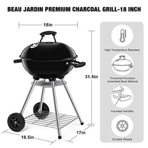 BEAU JARDIN Premium 18 Inch Charcoal Grill for Outdoor Cooking Barbecue Camping BBQ Coal Kettle Grill Tailgating Portable Heavy Duty Round with Thickened Grilling Bowl Wheels for Small Patio Backyard