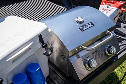 Monument Grills Tabletop Propane Gas Grill for Outdoor Portable Camping Cooking with Travel Locks, Stainless Steel High Lid, and Built in Thermometer
