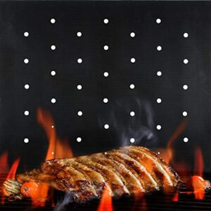 bbq grill mat for outdoor grills – 2023 upgraded model with holes – set of 2 non stick heavy duty reusable and dishwasher safe black mesh topper pads – easy clean on gas charcoal electric grills