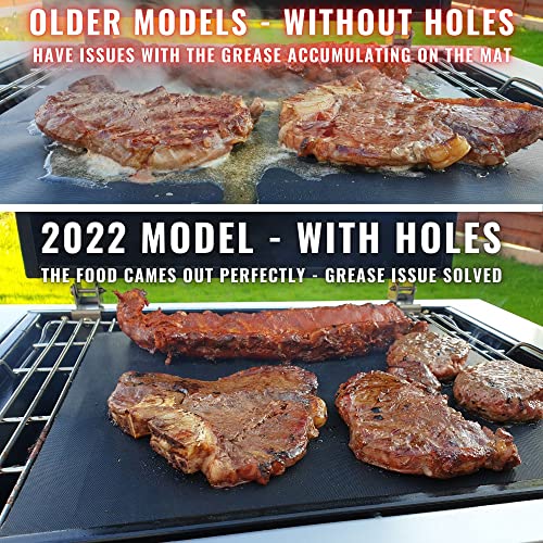 BBQ Grill Mat for Outdoor Grills - 2023 Upgraded Model With Holes - Set of 2 Non Stick Heavy Duty Reusable and Dishwasher Safe Black Mesh Topper Pads - Easy Clean on Gas Charcoal Electric Grills