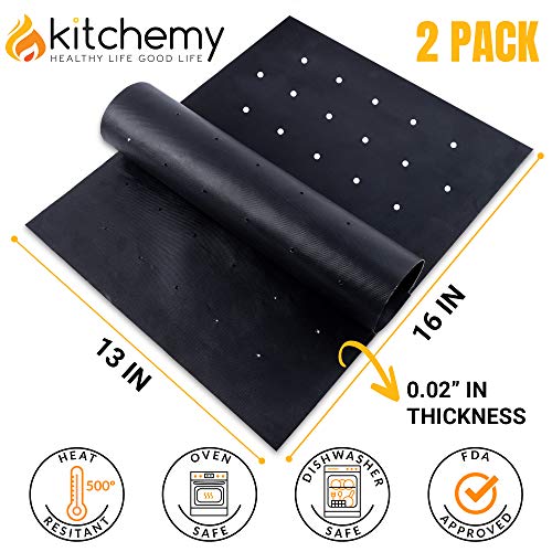 BBQ Grill Mat for Outdoor Grills - 2023 Upgraded Model With Holes - Set of 2 Non Stick Heavy Duty Reusable and Dishwasher Safe Black Mesh Topper Pads - Easy Clean on Gas Charcoal Electric Grills