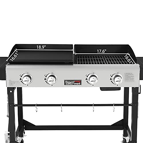 Royal Gourmet GD401 Portable Propane Gas Grill and Griddle Combo with Side Table | 4-Burner, Folding Legs,Versatile, Outdoor | Black