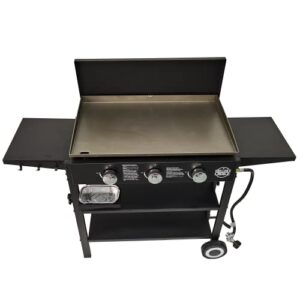 griller’s choice outdoor griddle grill propane gas flat top – hood included, 4 shelves, disposable grease cups, 36,000 btu’s, large cooking area, paper towel holder.