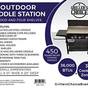 Griller's Choice Outdoor Griddle Grill Propane Gas Flat Top - Hood Included, 4 Shelves, Disposable Grease Cups, 36,000 BTU's, Large Cooking Area, Paper Towel Holder.