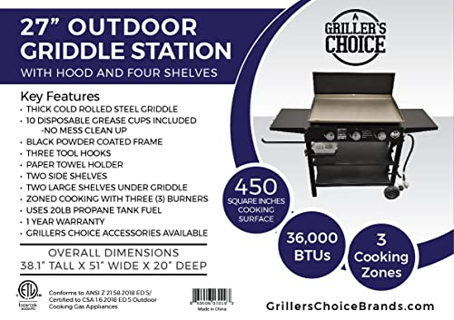 Griller's Choice Outdoor Griddle Grill Propane Gas Flat Top - Hood Included, 4 Shelves, Disposable Grease Cups, 36,000 BTU's, Large Cooking Area, Paper Towel Holder.