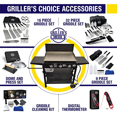 Griller's Choice Outdoor Griddle Grill Propane Gas Flat Top - Hood Included, 4 Shelves, Disposable Grease Cups, 36,000 BTU's, Large Cooking Area, Paper Towel Holder.