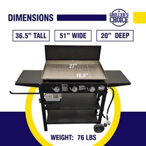 Griller's Choice Outdoor Griddle Grill Propane Gas Flat Top - Hood Included, 4 Shelves, Disposable Grease Cups, 36,000 BTU's, Large Cooking Area, Paper Towel Holder.