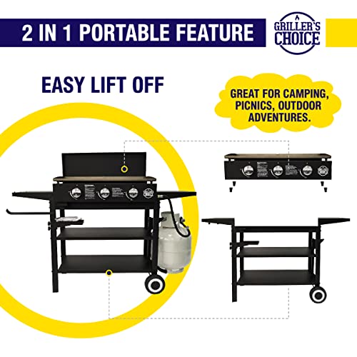 Griller's Choice Outdoor Griddle Grill Propane Gas Flat Top - Hood Included, 4 Shelves, Disposable Grease Cups, 36,000 BTU's, Large Cooking Area, Paper Towel Holder.