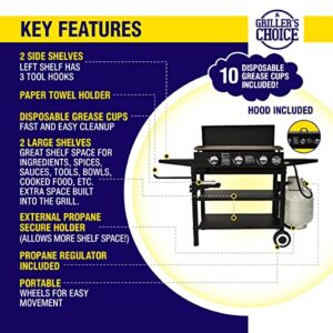 Griller's Choice Outdoor Griddle Grill Propane Gas Flat Top - Hood Included, 4 Shelves, Disposable Grease Cups, 36,000 BTU's, Large Cooking Area, Paper Towel Holder.