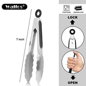 Walfos Kitchen Small Tongs - 7 inch Heavy Duty Mini Food Tongs, Stainless Steel and Non-Slip Heat Resistant Handle - Great for Cooking, Salad, Grilling and Barbecue，3 Piece