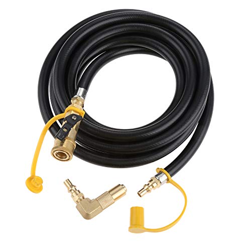 12FT Quick-Connect RV Propane Extension Hose, Low Pressure Quick Disconnect Propane Hose with 1/4" Safety Shutoff Valve and 1/4" Male Full Flow Plug and Elbow Adapter, for Blackstone 17"/22" Griddles