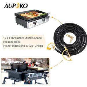 12FT Quick-Connect RV Propane Extension Hose, Low Pressure Quick Disconnect Propane Hose with 1/4" Safety Shutoff Valve and 1/4" Male Full Flow Plug and Elbow Adapter, for Blackstone 17"/22" Griddles