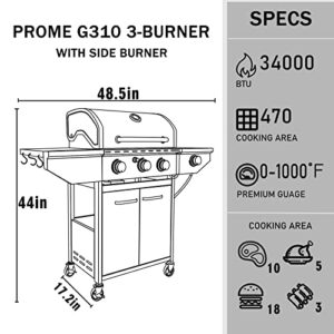 Outdoor Propane Gas Grill 3-Burner with Side Burner,Cabinet Grill for BBQ,Stainless Steel