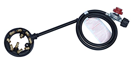 METER STAR 41,000 BTU 10 Jets Homemade Cast Iron Burner Assembly Flame Control System and High Pressure Regulator with Hose for DIY Forge Pizza Oven Turkey Fryer Accessories