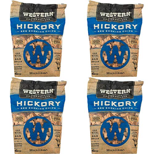 Western Premium BBQ 180 Cubic Inch Hickory Barbecue Flavorful Heat Treated Grilling Smoking Wood Chips for Charcoal Gas and Electric Grills (4 Pack)