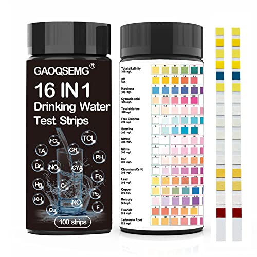 16-in-1 Water Test Kits,Drinking Water Test Strips,Tap and Well Water Testing Strips,Easy Fast Testing for Hardness,pH,Nitrate,Iron,Copper and More (100 Strips)