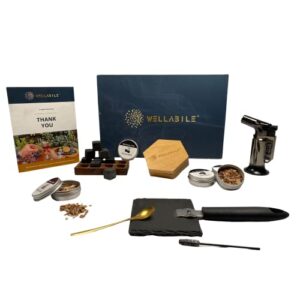 wellabile cocktail smoker kit with torch, four kinds of wood chips for bourbon, whiskey, drink. valentines or birthday gift set for your friends, husband, dad. old fashioned smoker kit. (no butane)