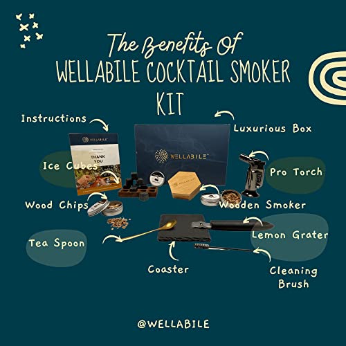 WELLABILE Cocktail Smoker Kit with Torch, Four Kinds of Wood Chips for Bourbon, Whiskey, Drink. Valentines or Birthday Gift Set for Your Friends, Husband, Dad. Old Fashioned Smoker Kit. (No Butane)