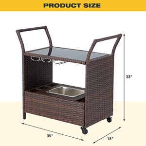 YOLENY Outdoor Wicker Bar Cart,Rolling Patio Wine Cart with Ice Bucket,Glass Countertop, Wine Glass Holders,Rattan Bar Serving Cart for Pool, Party, Backyard