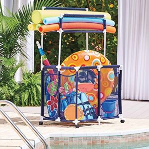 pool toy storage bin with noodle holder for rafts vests balls floaties towels