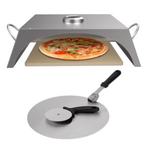 outdoor stainless steel grill top pizza oven kit with 12″ cordierite pizza baking stone, pizza peel, pizza roller cutter, built-in thermometer