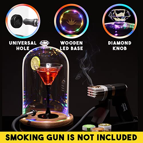 Smoking Gun Accessory LED lights Glass Dome 9" x 5.7" Lid with Wooden Base - Smoke infuser Cover Lid for Cocktail Smoker - Dome for Cold Smoke, Smoking Cloche for Drinks