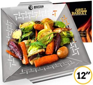 mountain grillers veggie grill basket – heavy duty vegetable grilling basket also for fish meat and shrimp – suitable for all grills bbq & smokers – stainless steel – 12 inch vegetable bbq pan