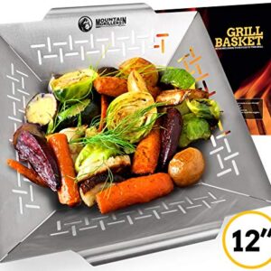 Mountain Grillers Veggie Grill Basket - Heavy Duty Vegetable Grilling Basket also for Fish Meat and Shrimp - Suitable for All Grills BBQ & Smokers - Stainless Steel - 12 Inch vegetable bbq pan