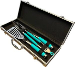 toadfish bbq grill accessories set, 3-piece stainless steel grilling tools with aluminum case, grill tongs, grill fork & grill spatula