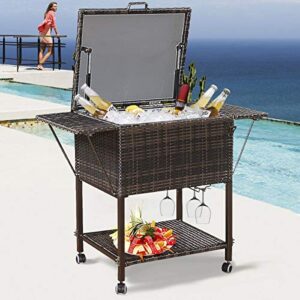 happygrill rattan cooler cart, portable wicker cooler trolley for outdoor drinks beer beverage ice chest cart cooler
