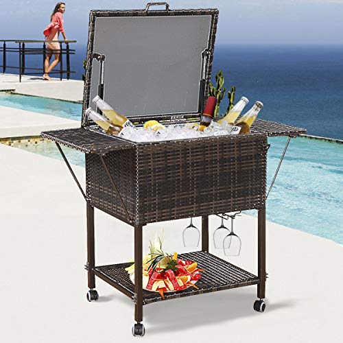 HAPPYGRILL Rattan Cooler Cart, Portable Wicker Cooler Trolley for Outdoor Drinks Beer Beverage Ice Chest Cart Cooler