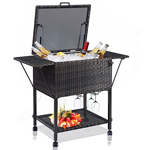 HAPPYGRILL Rattan Cooler Cart, Portable Wicker Cooler Trolley for Outdoor Drinks Beer Beverage Ice Chest Cart Cooler