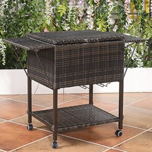 HAPPYGRILL Rattan Cooler Cart, Portable Wicker Cooler Trolley for Outdoor Drinks Beer Beverage Ice Chest Cart Cooler