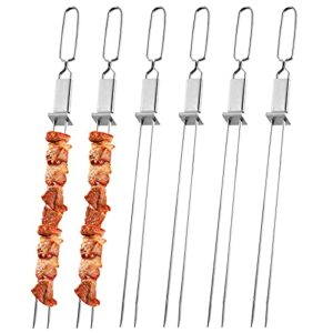 6 pack kabob skewer for grilling- 17″ long metal stainless steel bbq skewer stick with push bar, reusable double pronged kebab skewer tool quick release meat, chicken, vegetable and fruit