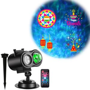 holiday halloween valentine party christmas diwali projector light (indoor outdoor waterproof), 16 slides (4 pictures each), 10 wave effects, remote control (power timer speed flash), 3 mounting ways