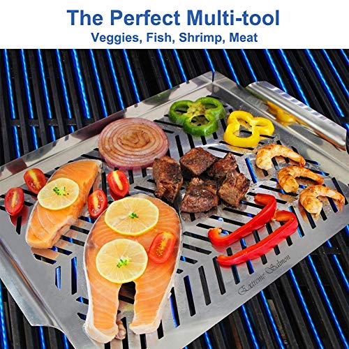Extreme Salmon BBQ Grill Pan for Vegetables, Grill Topper Stainless Steel BBQ Grill Wok with Handles Professional Grill Cookware Grill Accessories for Barbecue Grills Outdoor Cooking