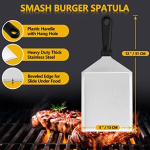 Leonyo 5 Pack Burger Smasher Tool, Griddle Accessories with 12" Basting Cover, Stainless Steel Smash Grill Press Metal Burger Spatula, Hamburger Patty Maker with 90 Wax Papers, Flat Top Grill Cooking