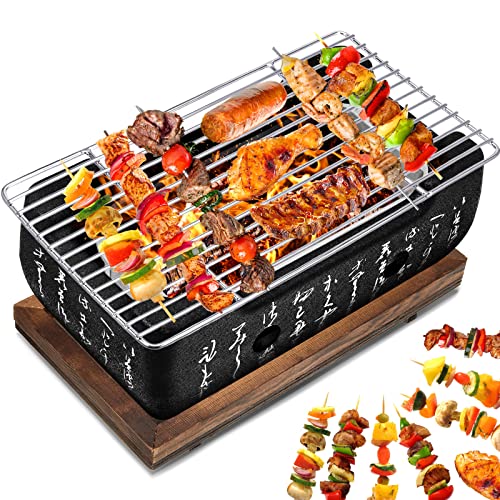 Japanese Style Grill Portable Japanese Barbecue Grill Aluminum Alloy Hibachi Grill Charcoal Stove Yakitori Grill Household Indoor Charcoal Grill with Wire Mesh Wooden Base (Rectangular Style)