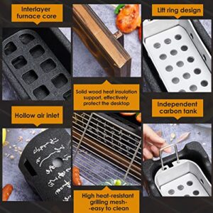 Japanese Style Grill Portable Japanese Barbecue Grill Aluminum Alloy Hibachi Grill Charcoal Stove Yakitori Grill Household Indoor Charcoal Grill with Wire Mesh Wooden Base (Rectangular Style)